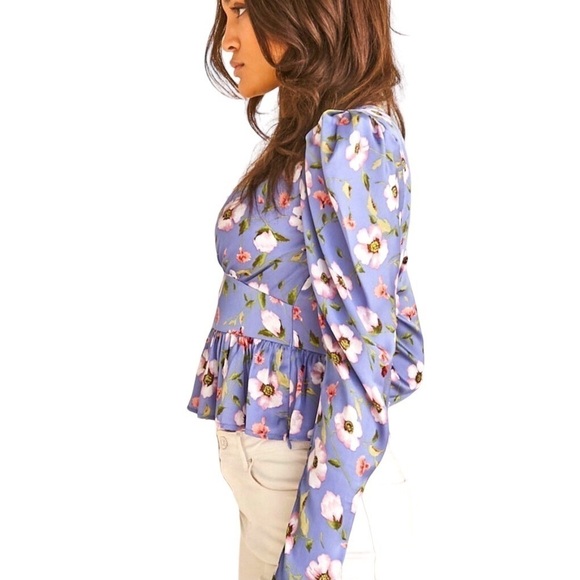 Forever 21 Satin Empire Waist Puff Long Sleeve V Neck Top Lavender Floral NWT - Picture 3 of 12